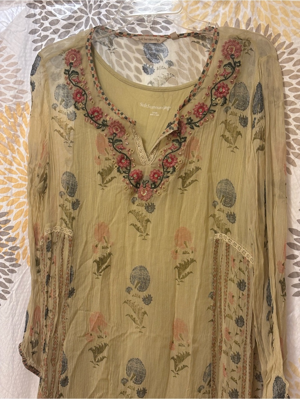 Soft Surroundings Olive Green Floral Embroidered Tunic with Built in Tank Top